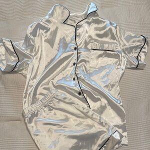 Silky White Pajama Set with Black Trim